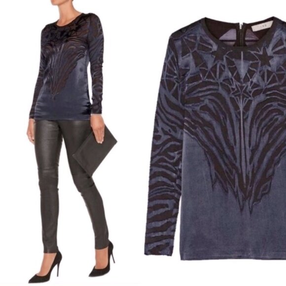 IRO Navy Blue Black Catrine Silk Long Sleeve Geometric Textured blouse Sz 36 / 4 - Picture 1 of 5